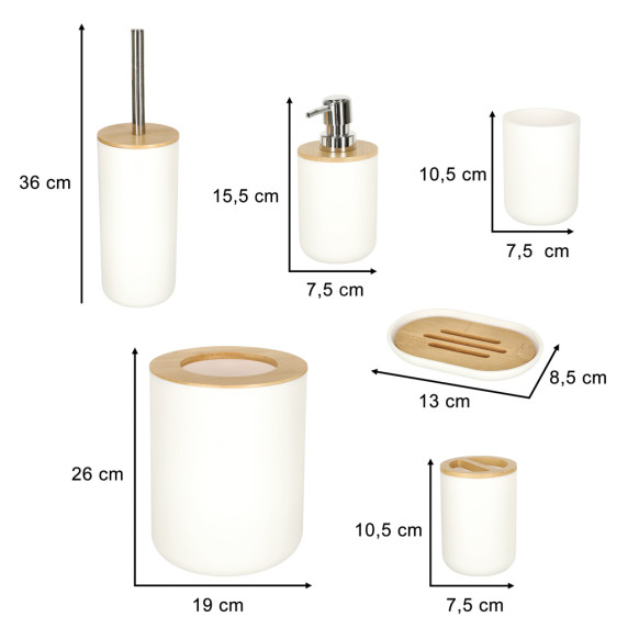 Set accesorii pentru baie - 6 piese - alb/lemn