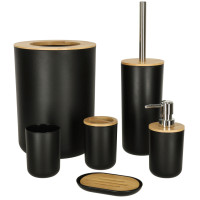 Set accesorii pentru baie - 6 piese - negru/lemn 