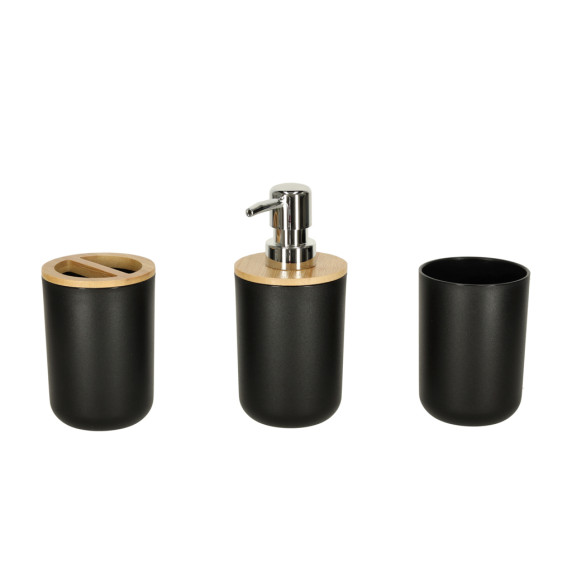 Set accesorii pentru baie - 6 piese - negru/lemn