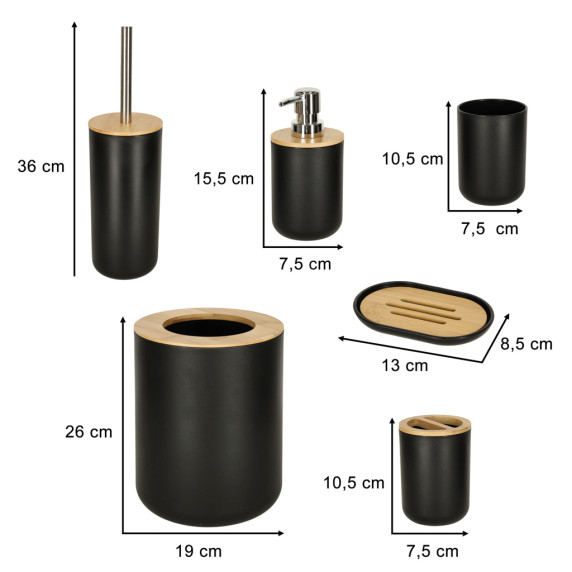 Set accesorii pentru baie - 6 piese - negru/lemn