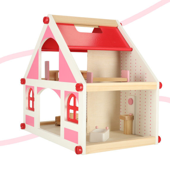 Casa de papusi din lemn 36cm - alb/roz
