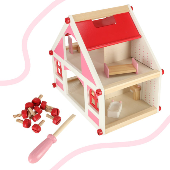 Casa de papusi din lemn 36cm - alb/roz