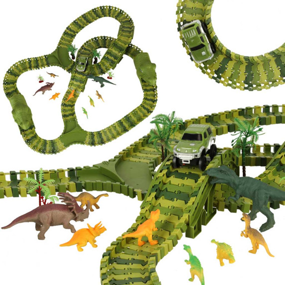 Pista de curse cu mașină de jucărie și figuri de dinozauri -240 buc