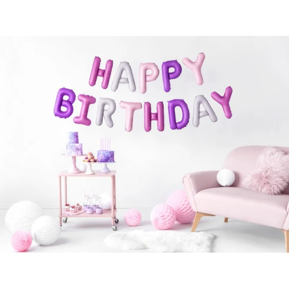 Balon din folie - Happy Birthday - 340x35 cm - violet/roz