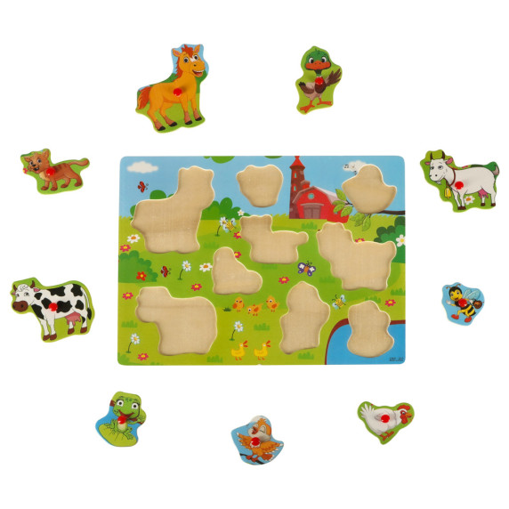 Puzzle din lemn cu mânere pentru copii, 9 piese - fermă