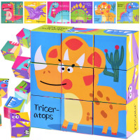 Puzzle cu cuburi colorate - dinozaur - 9 cuburi - Inlea4Fun 