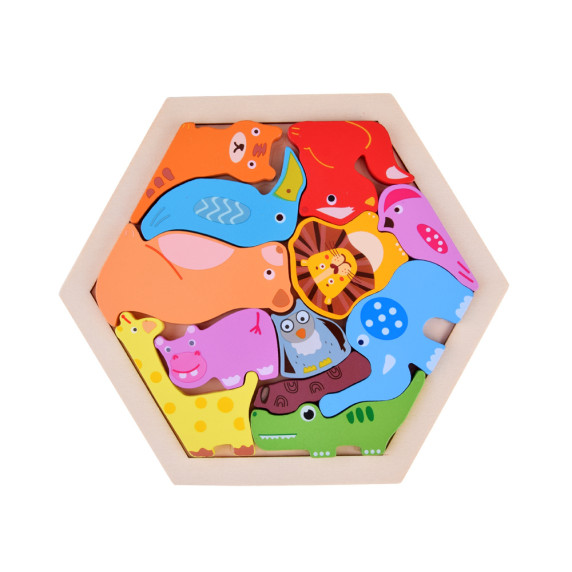 Puzzle colorat din lemn - animale din grădina zoologică - 13 piese - Inlea4Fun