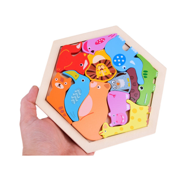 Puzzle colorat din lemn - animale din grădina zoologică - 13 piese - Inlea4Fun