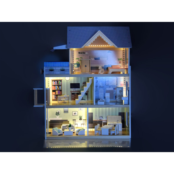 Casa de păpuși din lemn + piscina, lift, mobilier, lumina LED  - ZA4835