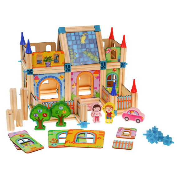 Cuburi colorate din lemn pentru copii - casă - 128 elemente