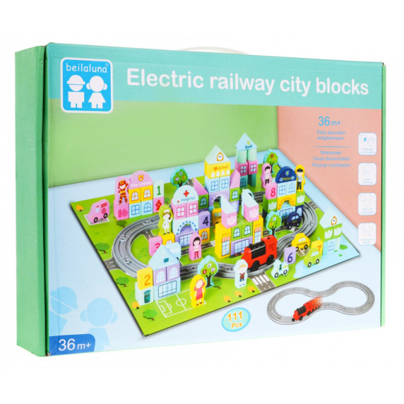 Cuburi din lemn  pentru copii cu covoraș - oraș - Electric railway city blocks