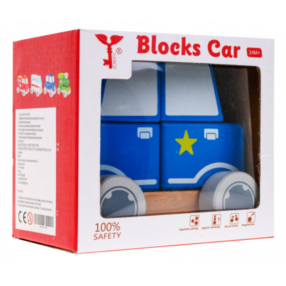 Mașină de ambulanță din lemn - Inlea4Fun BLOCKS CAR - albastru