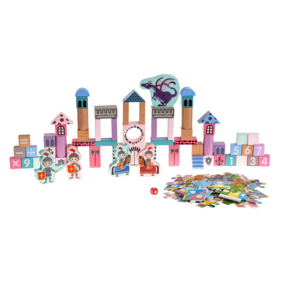 Set cuburi din lemn colorate 66 elemente  - Inlea4Fun - castel cu cavaleri