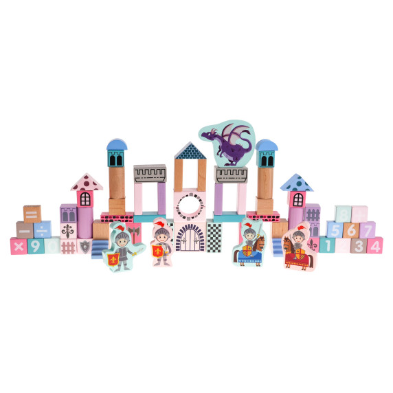 Set cuburi din lemn colorate 66 elemente  - Inlea4Fun - castel cu cavaleri