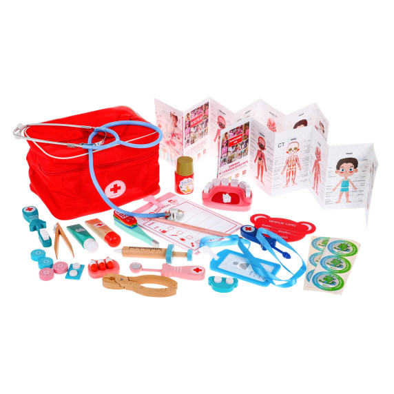 Set stomatolog din lemn pentru copii cu 32 accesorii în valiză roșie