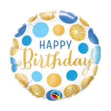 Balon - Happy Birthday Blue&Gold Dots  - GoDan Preview