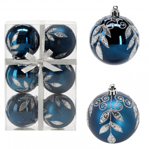 Set globuri de Crăciun - 6 buc, 7 cm - frunză, albastru închis
