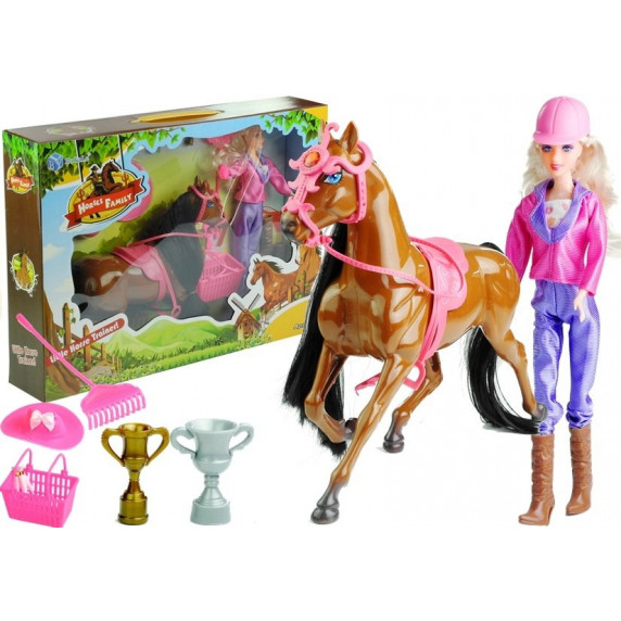 Păpușă antrenor de cai, cu cal maro și accesorii, Horses Family, Inlea4Fun