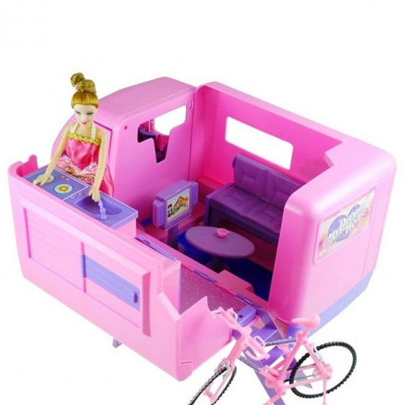 Rulotă pentru păpuși cu bicicletă - roz - Inlea4Fun MY DREAM HOME 