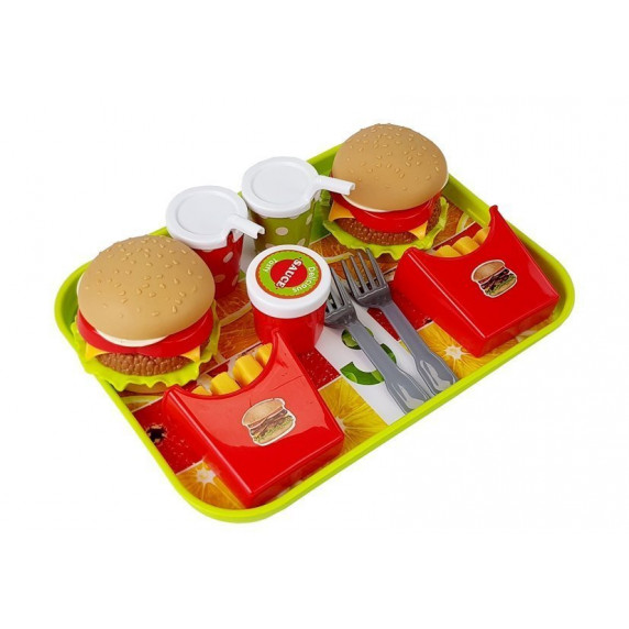Tavă cu hamburger și cartofi pai de jucărie
