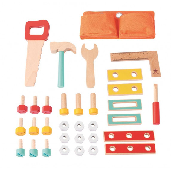 Set masă bricolaj cu unelte de jucărie din lemn Lelin