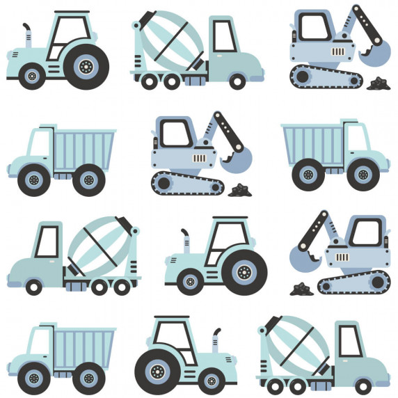 Autocolant perete Construction Vehicles, vehicule de construcții, albastru