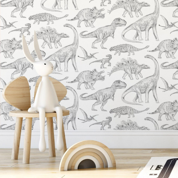 Tapet - dinozaur - alb - PASTELOWE Wallpapers Dino White