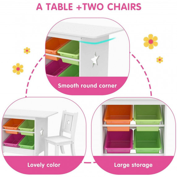 Masă pentru copii cu 2 scaune și spațiu de depozitare - stele