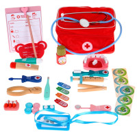 Set stomatolog din lemn pentru copii cu 32 accesorii în valiză roșie 