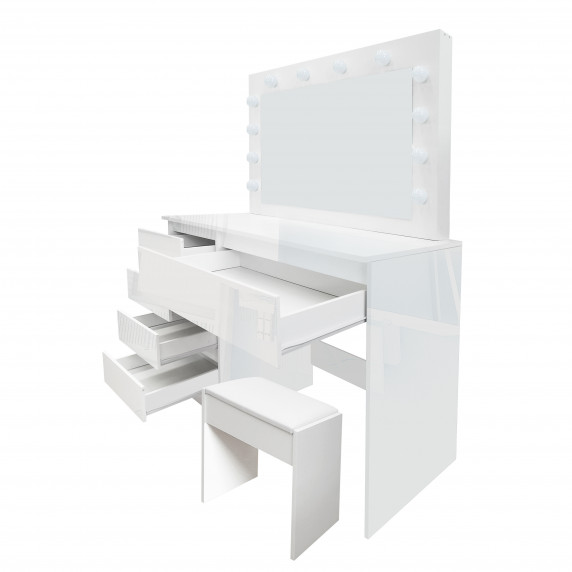 Masă de toaletă cu 5 sertare, scaun și cu iluminare LED  - alb lucios - Aga MRDT12 -GW