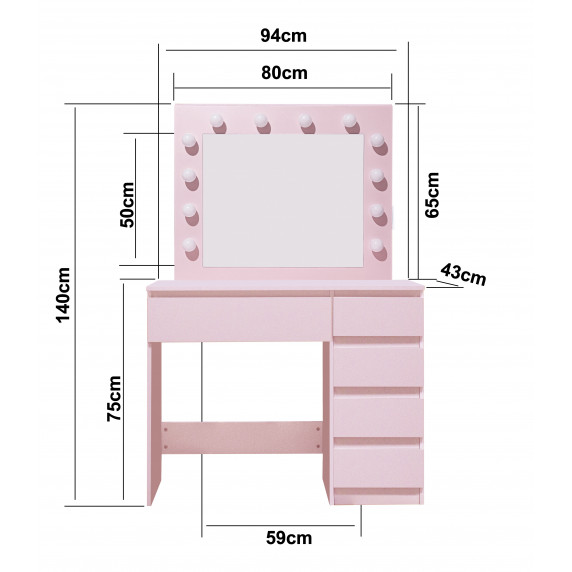 Masă de toaletă cu 5 sertare și cu iluminare LED  - roz - Aga