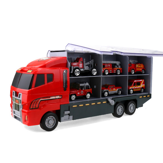 Camion trailer cu mașini de pompieri - Aga4Kids - roșu