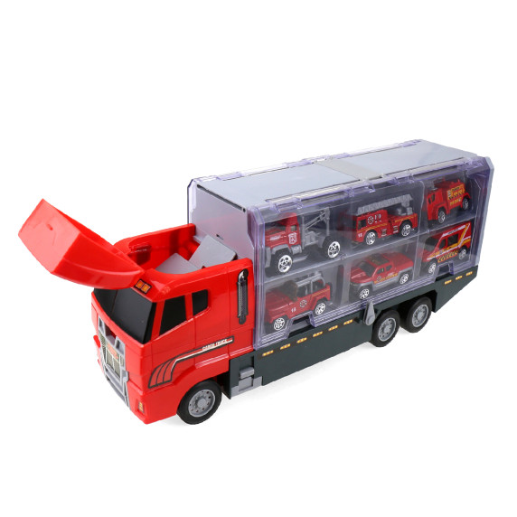 Camion trailer cu mașini de pompieri - Aga4Kids - roșu