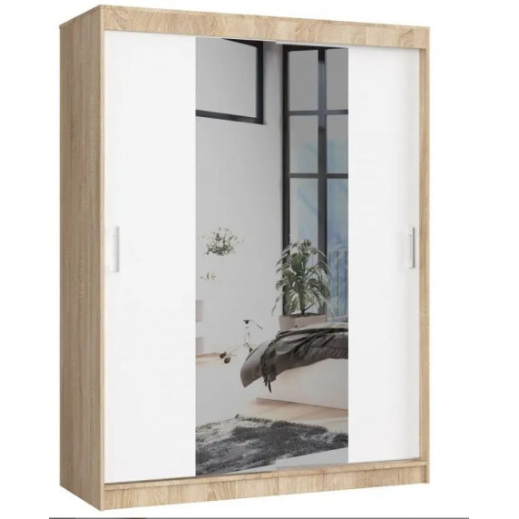 Șifonier cu uși glisante și oglindă - 150 cm - stejar sonoma/alb