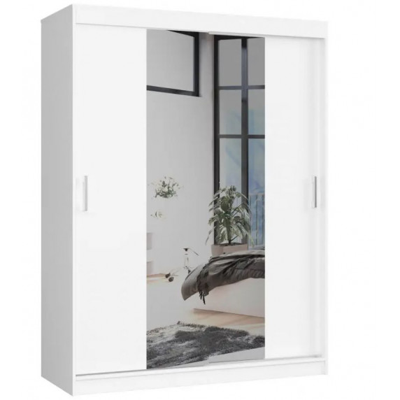 Șifonier cu uși glisante și oglindă - 150 cm - alb