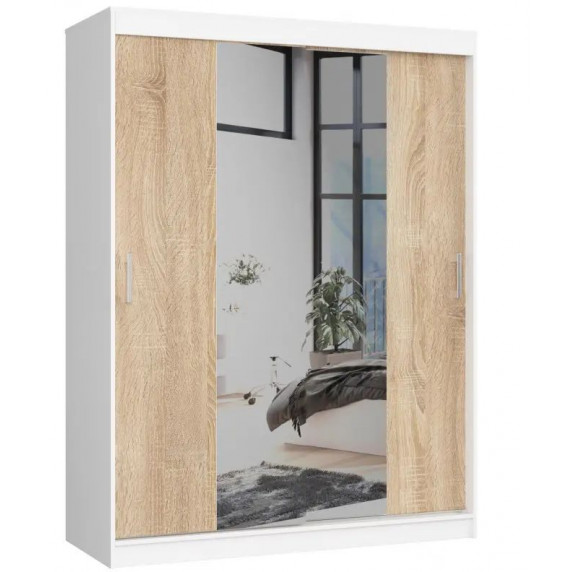 Șifonier cu uși glisante și oglindă - 150 cm  - alb/stejar sonoma