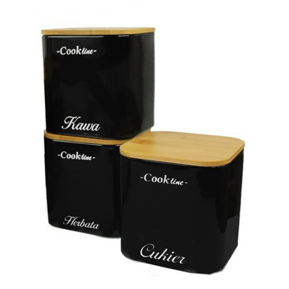 Set cutii depozitare din metal - 3 buc - zahăr, cafea, ceai - Cook Line - negru