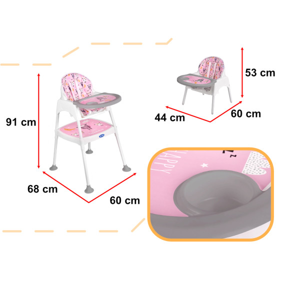 Scaun de masă bebe multifuncțional - 3 în 1- roz