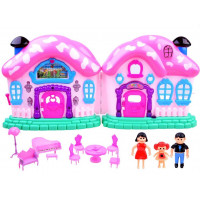 Casă pentru păpuși, pliabilă, din plastic roz, cu mobilier și figurine Inlea4fun 