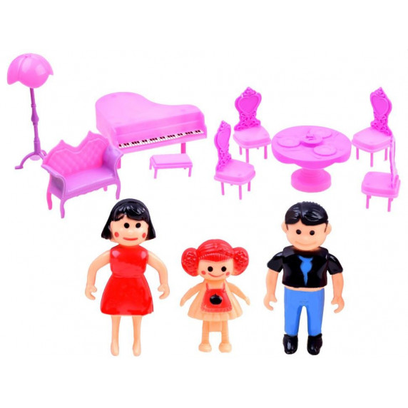 Casă pentru păpuși, pliabilă, din plastic roz, cu mobilier și figurine Inlea4fun