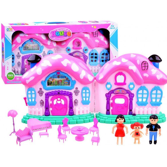 Casă pentru păpuși, pliabilă, din plastic roz, cu mobilier și figurine Inlea4fun