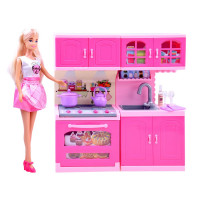 Bucătărie pentru copii, roz, cu păpușă, cuptor, chiuvetă funcțională, multe accesorii, Anlily Inlea4fun  