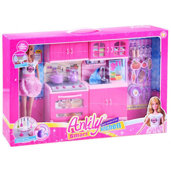 Bucătărie pentru copii, roz, cu păpușă, cuptor, chiuvetă funcțională, multe accesorii, Anlily Inlea4fun 