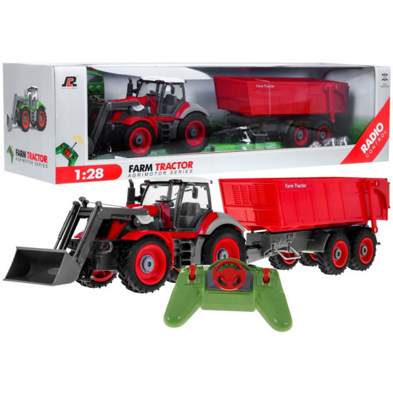 Tractor agricol cu remorcă și telecomandă - 1:28 - roșu