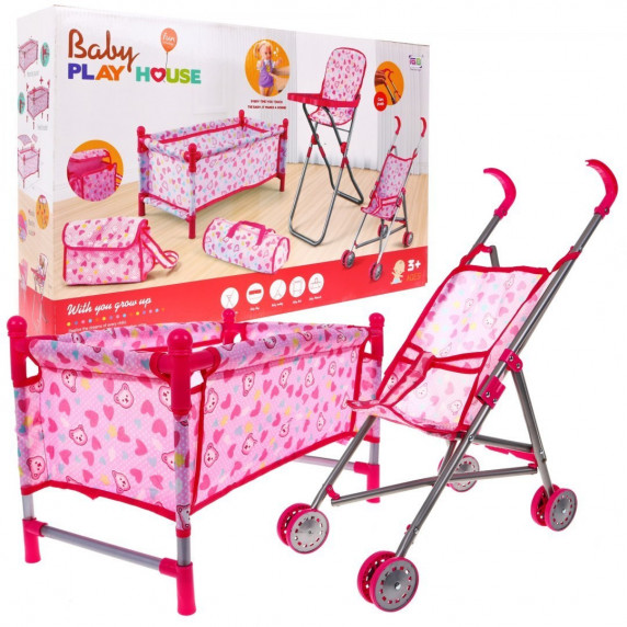 Pătuț de jucărie, cărucior și scaun de masă bebe - Inlea4Fun
