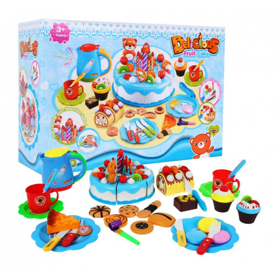 Set aniversal cu tort de jucărie și 80 de accesorii - Inlea4Fun SWEET CAKE - albastru