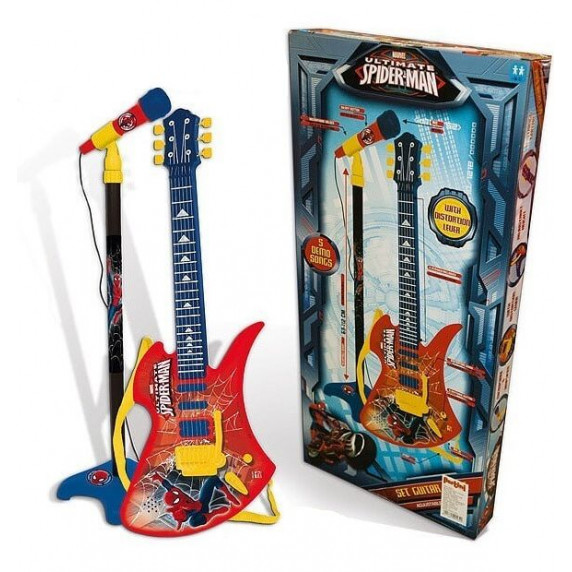 Chitară pentru copii Spiderman, microfon cu stativ, 6 corzi, roșu-albastru Reig